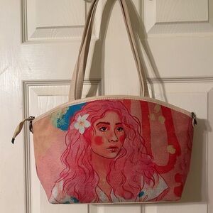 Hot Pink striped Tote / Hand Bag / Satchel. Attachable Crossbody strap.